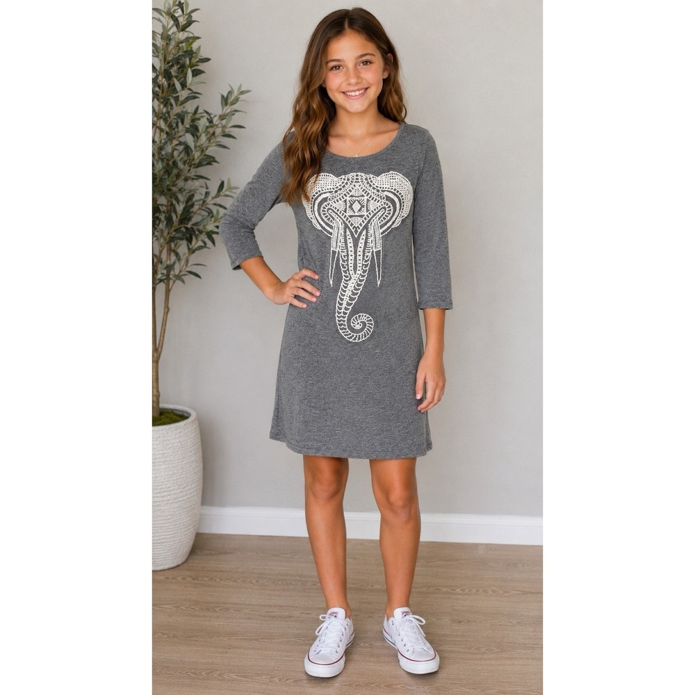 Noble U Girls L Gray Elephant Crochet Tunic Dress 3/4 Sleeve Boho 14.5x31